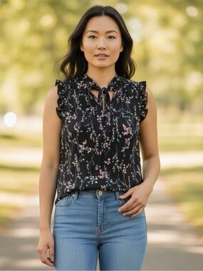 Trendy Jo's Black Floral Print sleeveless Blouse Ruffle Tie Neck Sheer Top Sz S